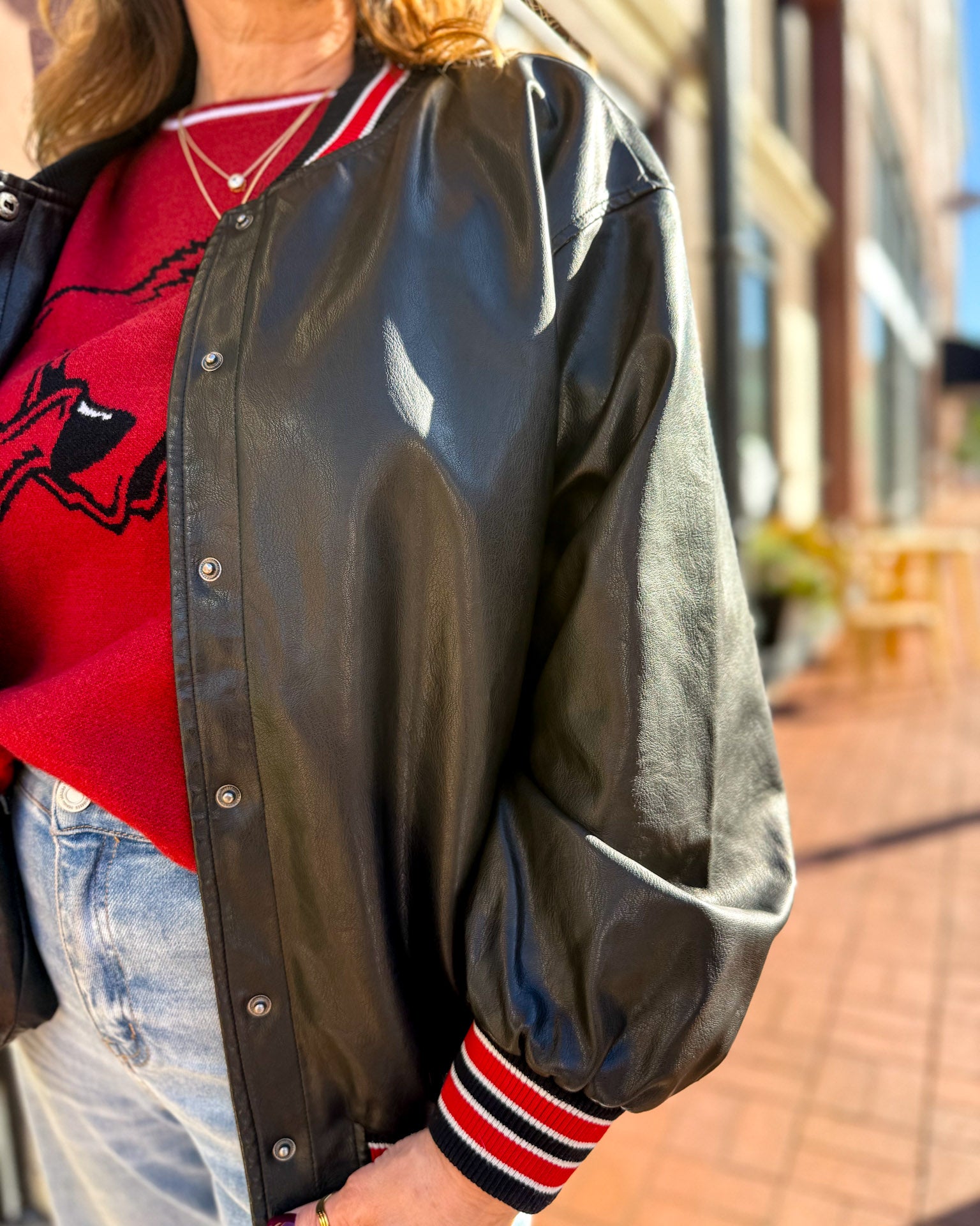 Black Faux Leather Bomber Jacket