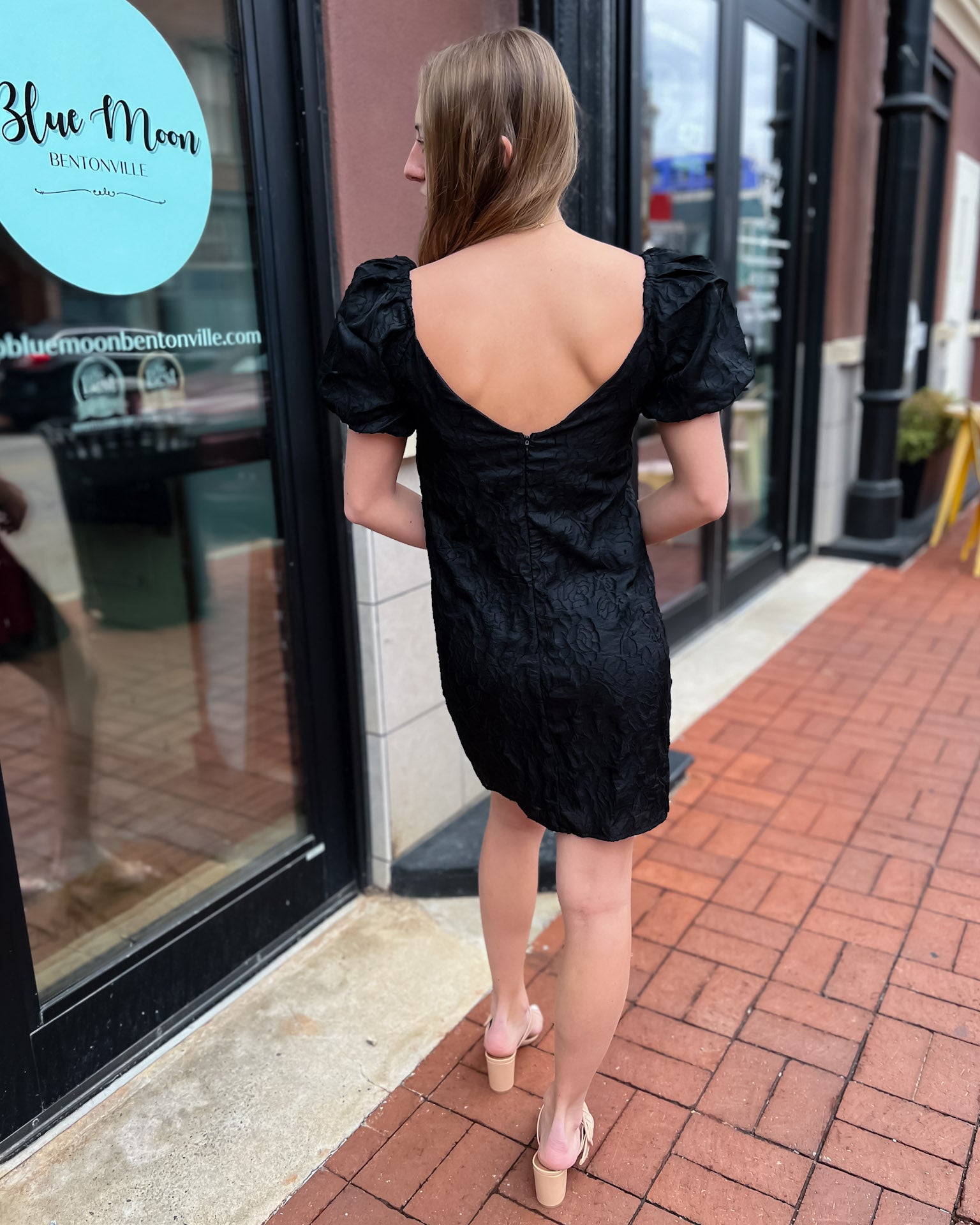 Black Jacquard Mini Dress w/Puff Sleeves