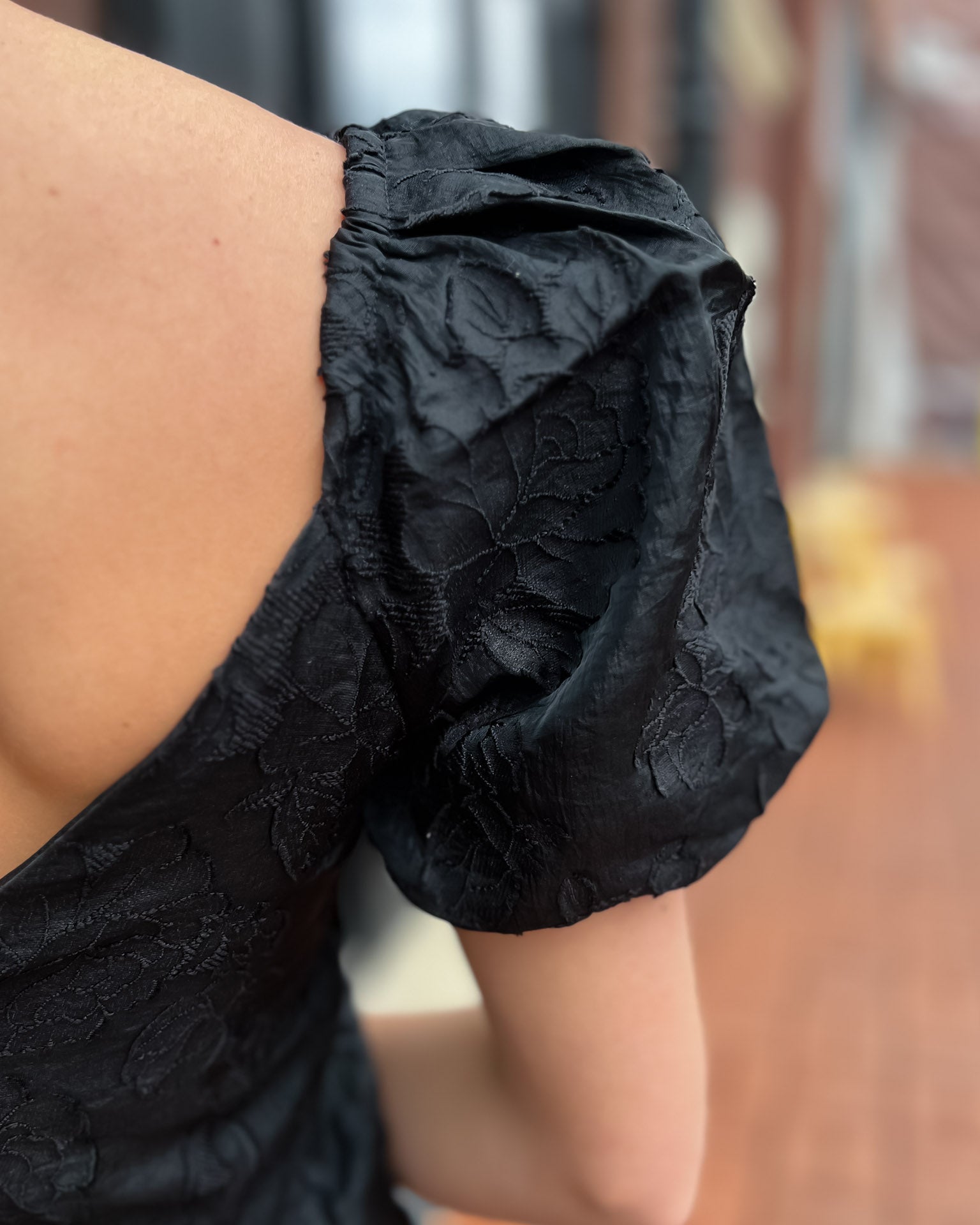 Black Jacquard Mini Dress w/Puff Sleeves