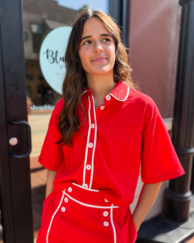 Cherry Red Button-Down Crop Top