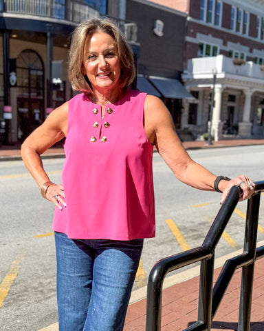 Hot Pink Sleeveless Top w/Gold Buttons