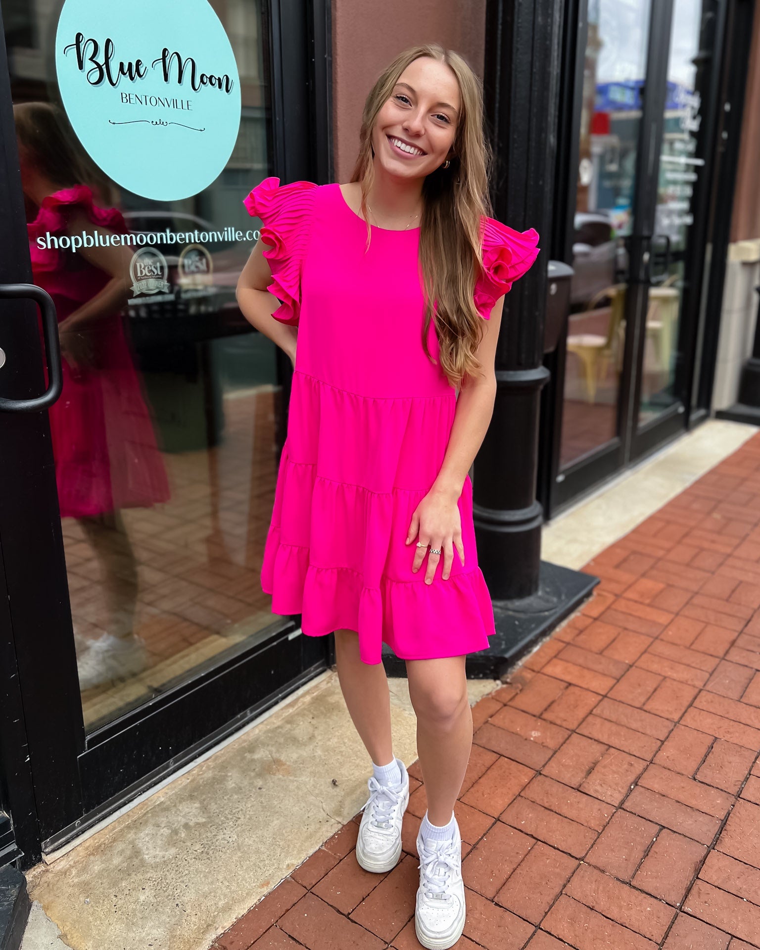 Hot Pink Tiered Dress w/Pleated Sleeves