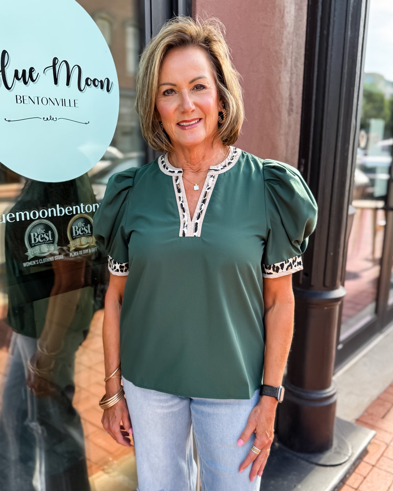 Hunter Green Top with Leopard Accent