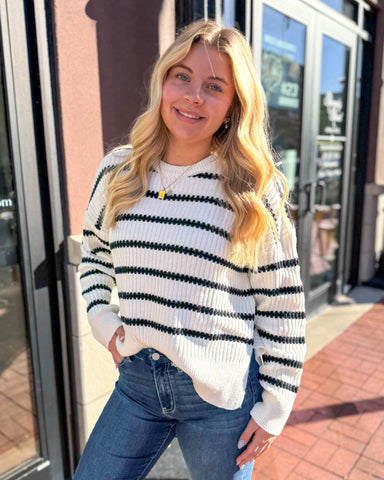 Ivory/Black Striped Boatneck Sweater