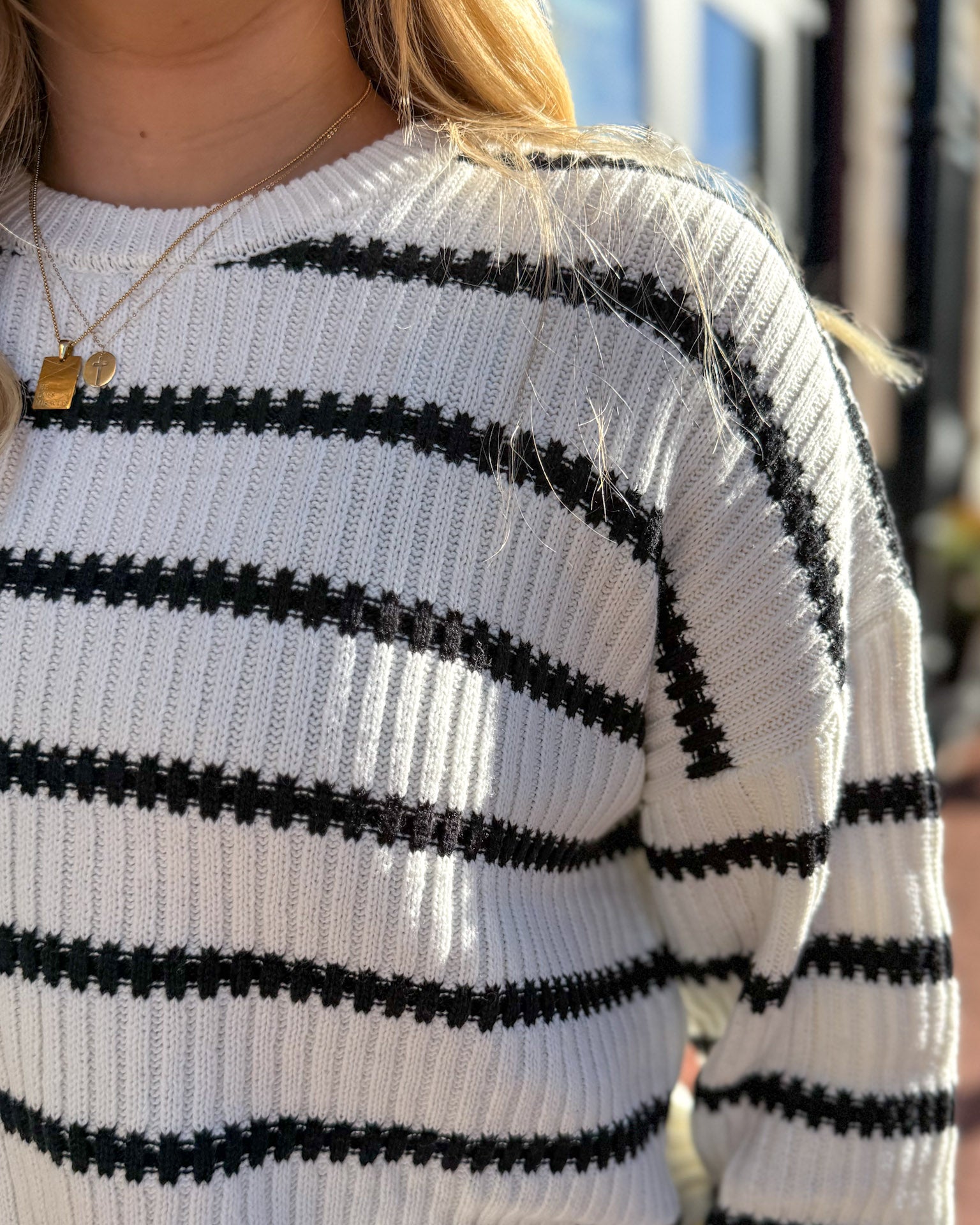 Ivory/Black Striped Boatneck Sweater