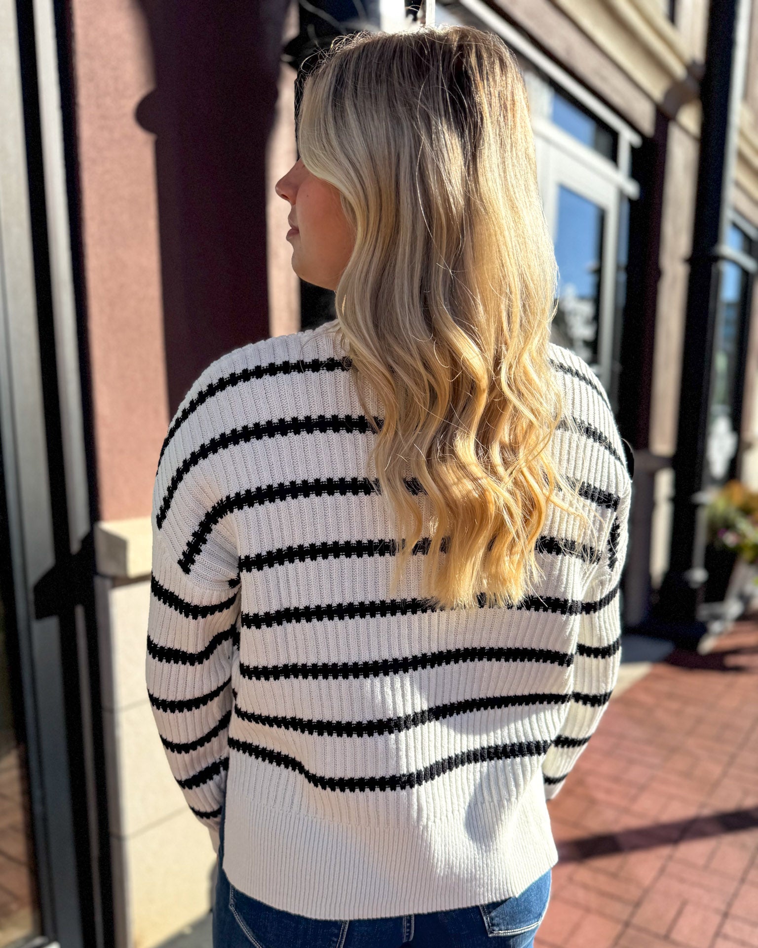 Ivory/Black Striped Boatneck Sweater