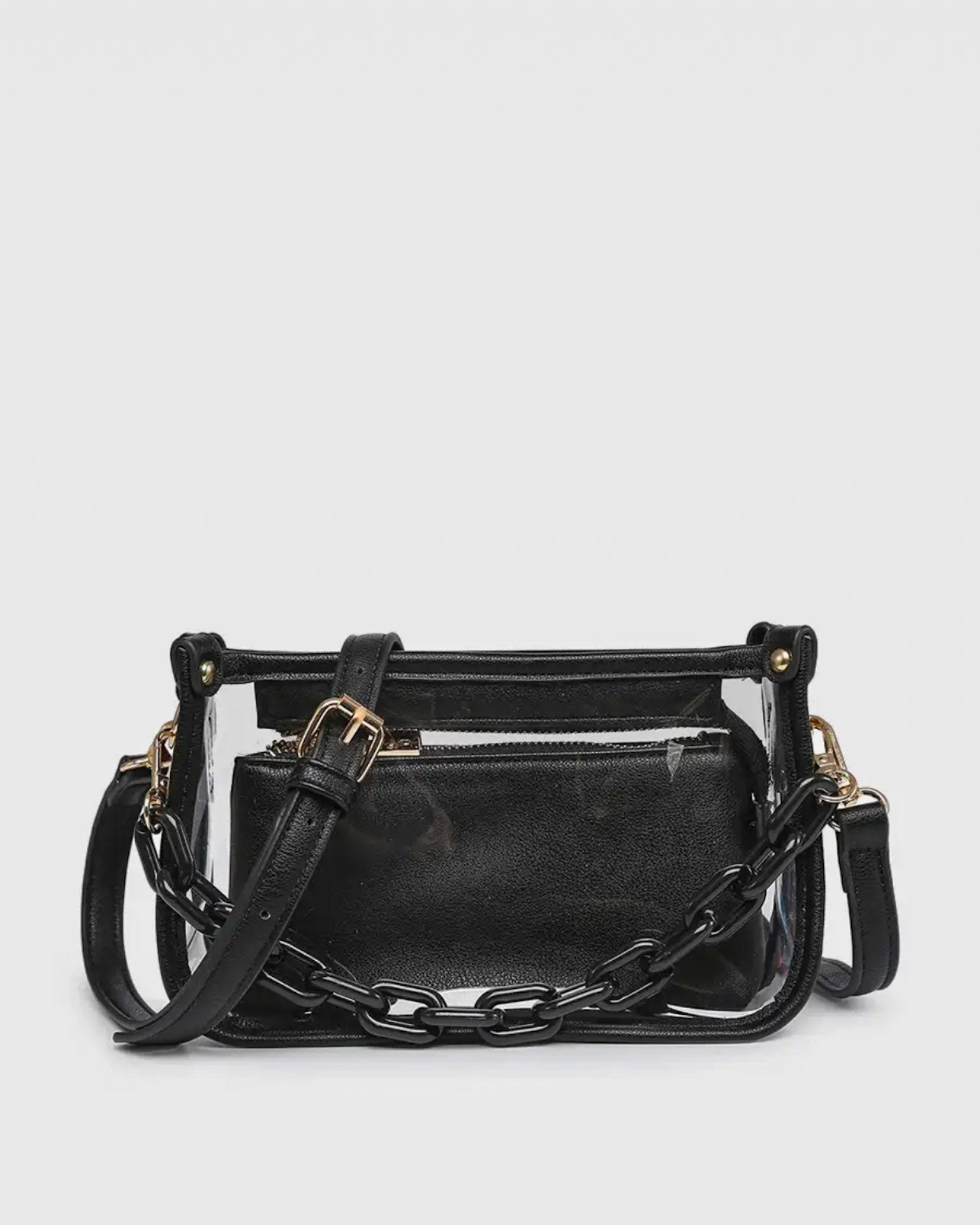 Black handbag with chain detail on a light gray background