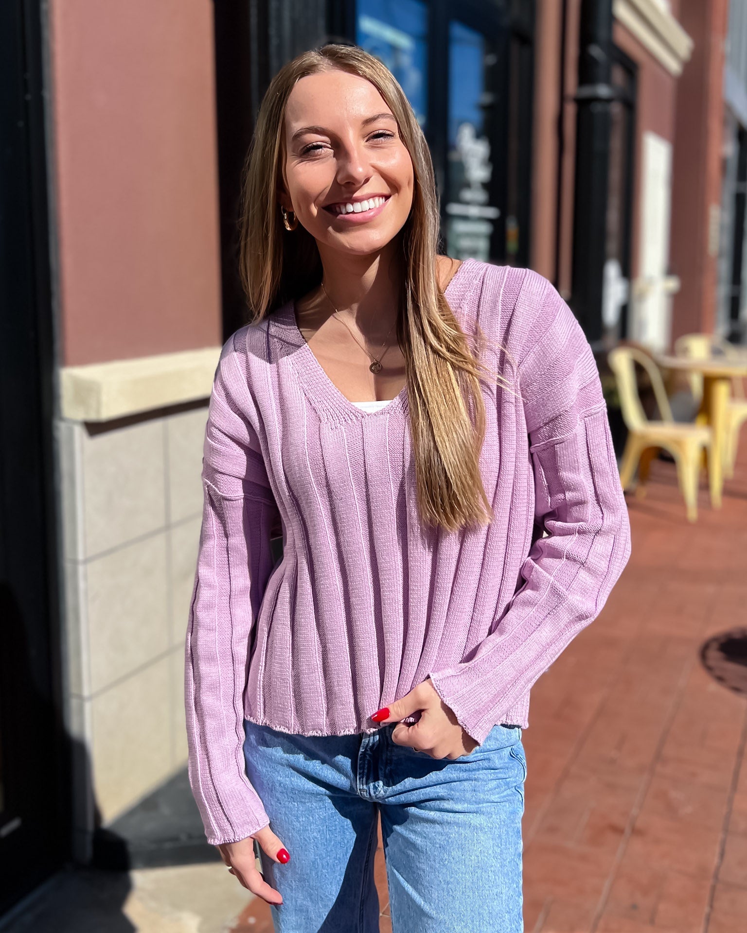 Lavender Ribbed V-Neck Sweater