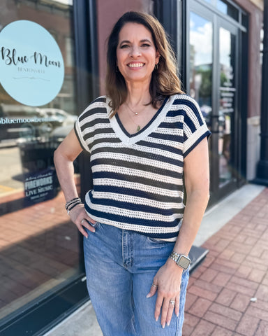 Navy Striped Crochet Sweater
