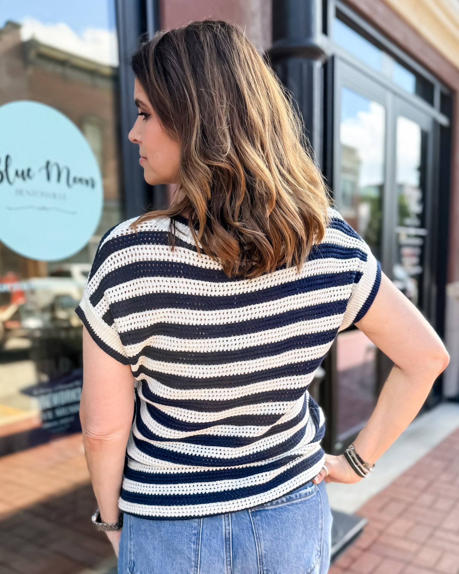 Navy Striped Crochet Sweater