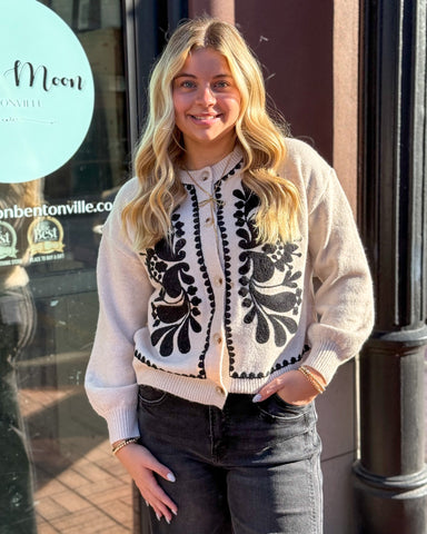 Oatmeal Floral Embroidered Cardigan