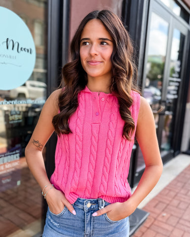 Pink Sleeveless Cable Knit Sweater