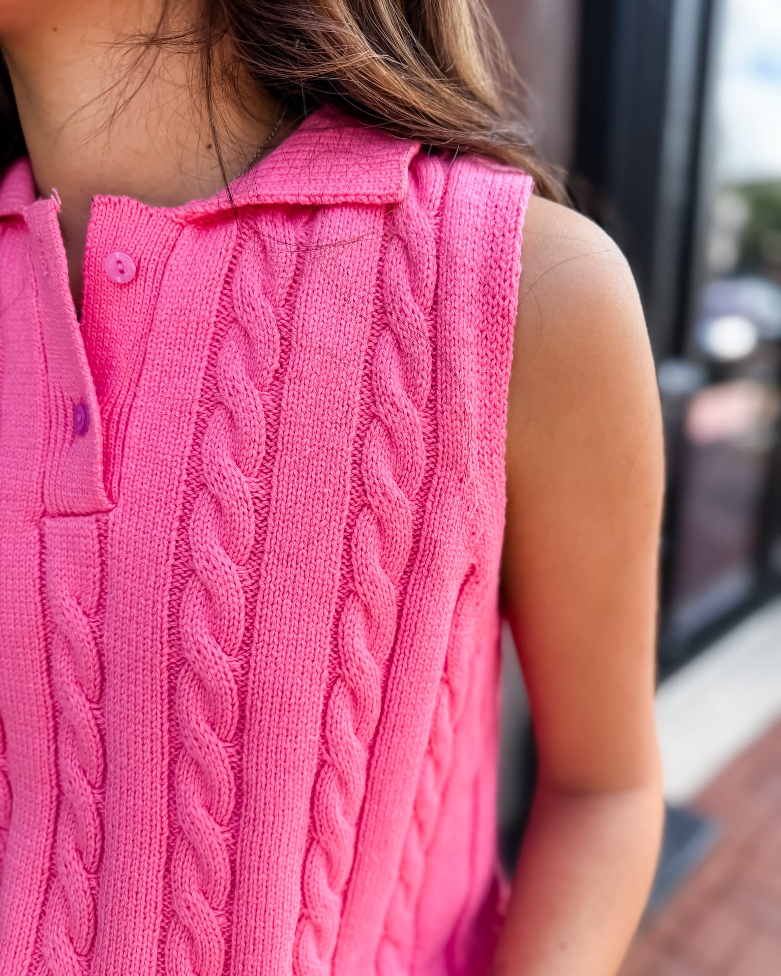 Pink Sleeveless Cable Knit Sweater