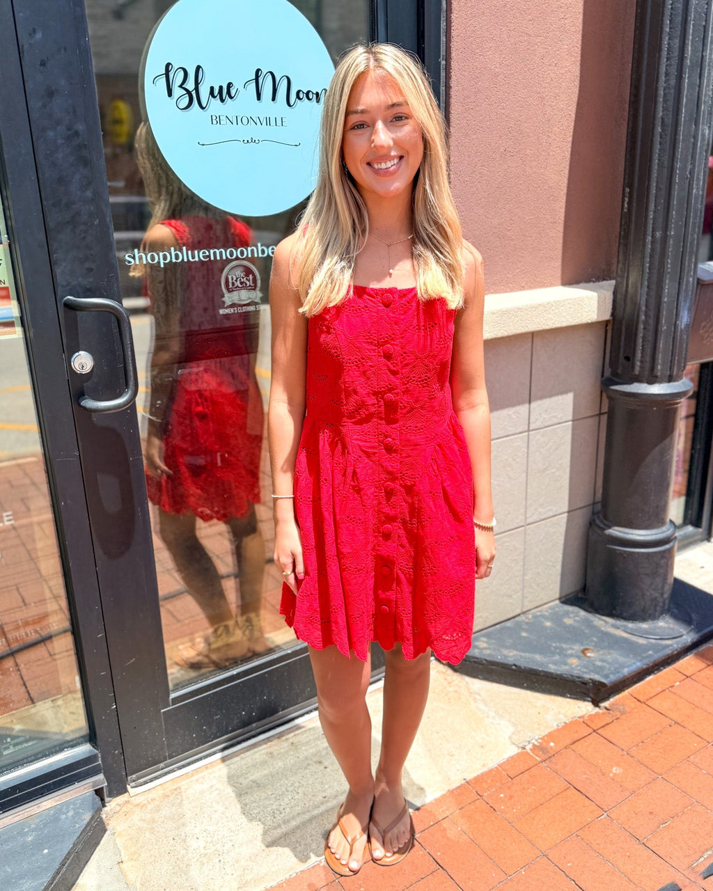 Red Eyelet Cotton Mini Dress with Scallop Hem