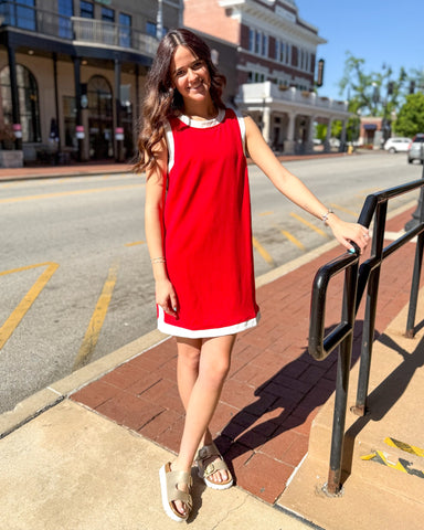 Red Sleeveless Dress w/Contrast Band