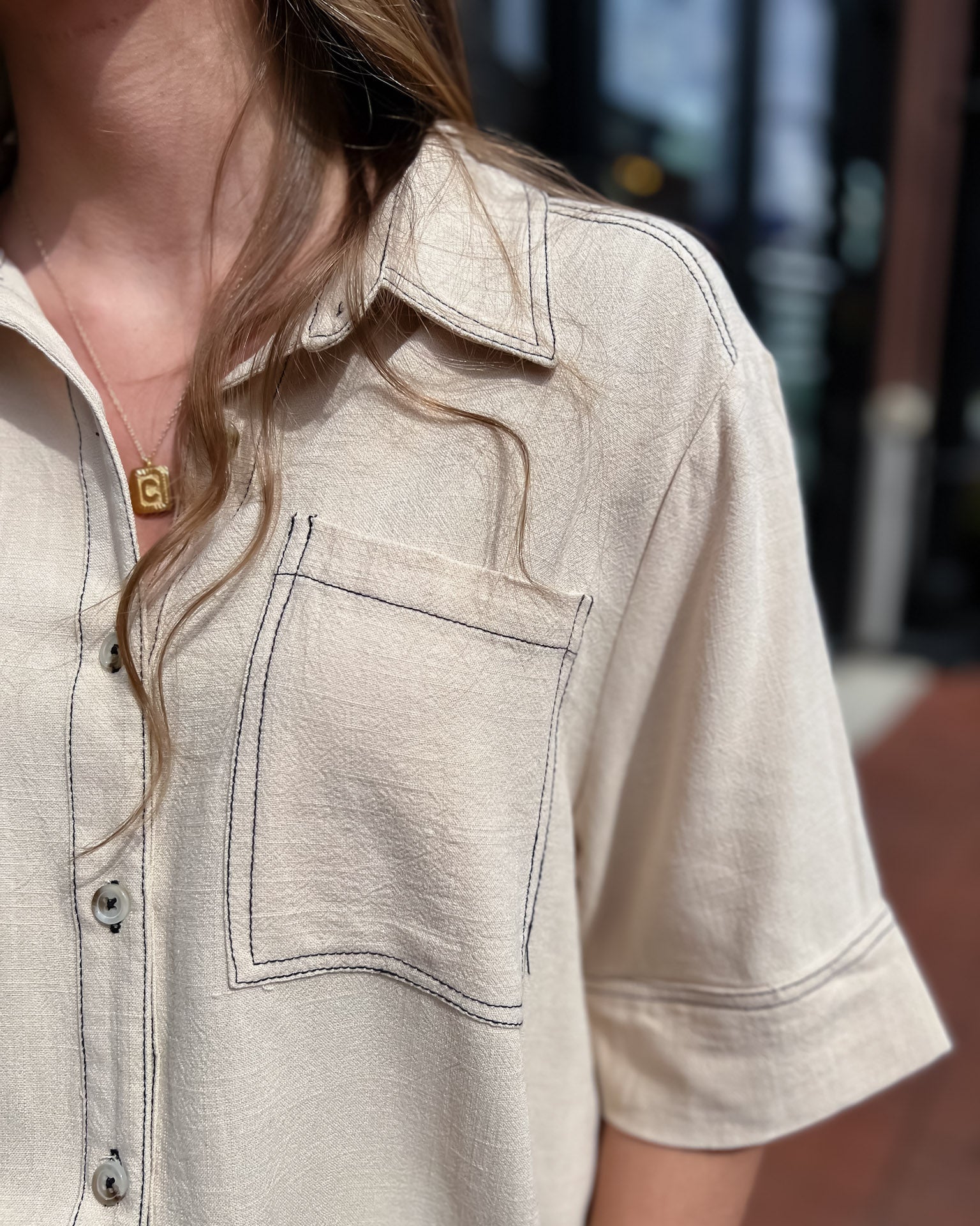 Taupe Woven Shirt w/Contrast Stitching