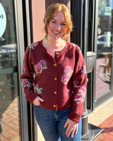 Wine Floral Cardigan