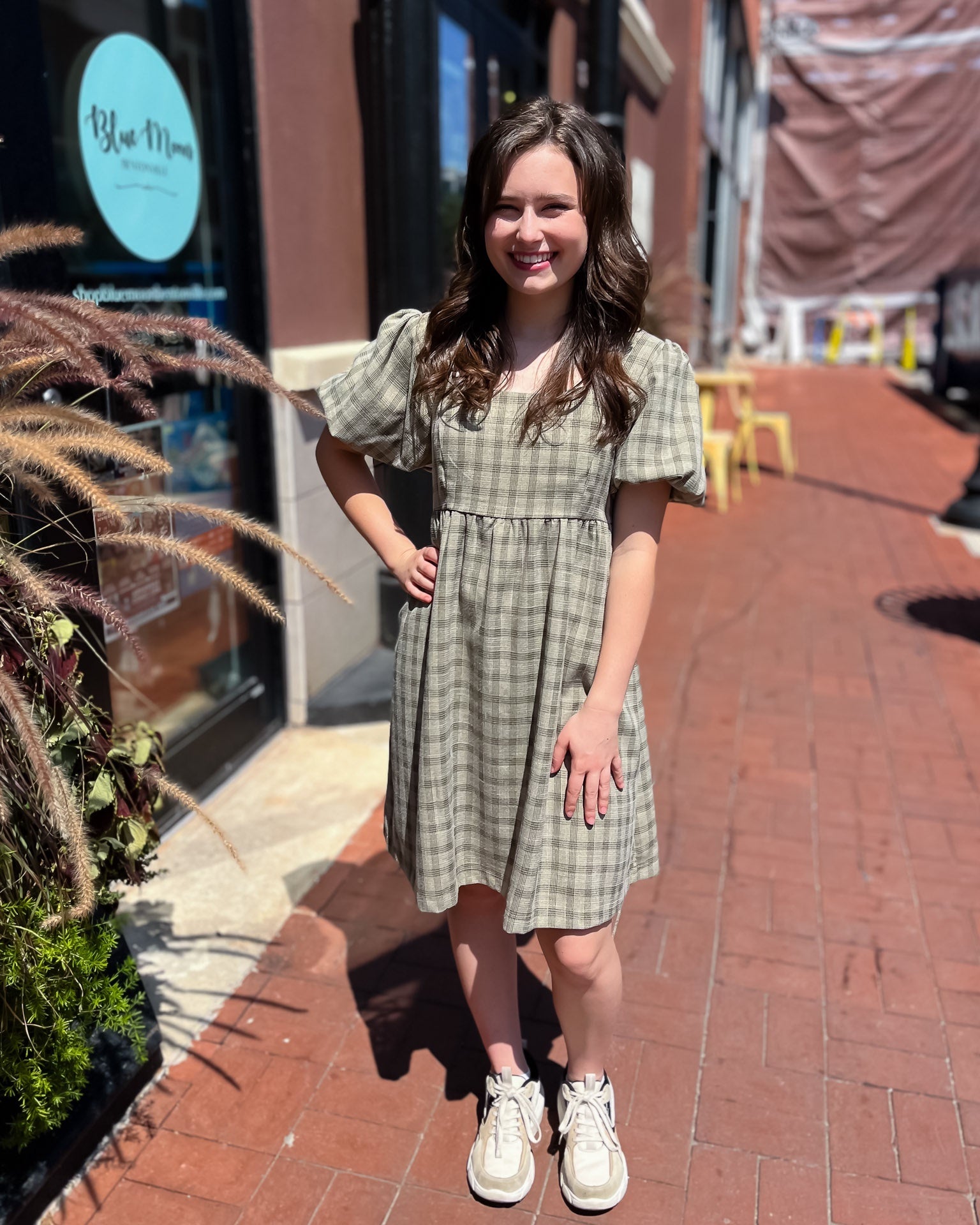 Dusty Olive Check Print Babydoll Dress - Shopbluemoonbentonville