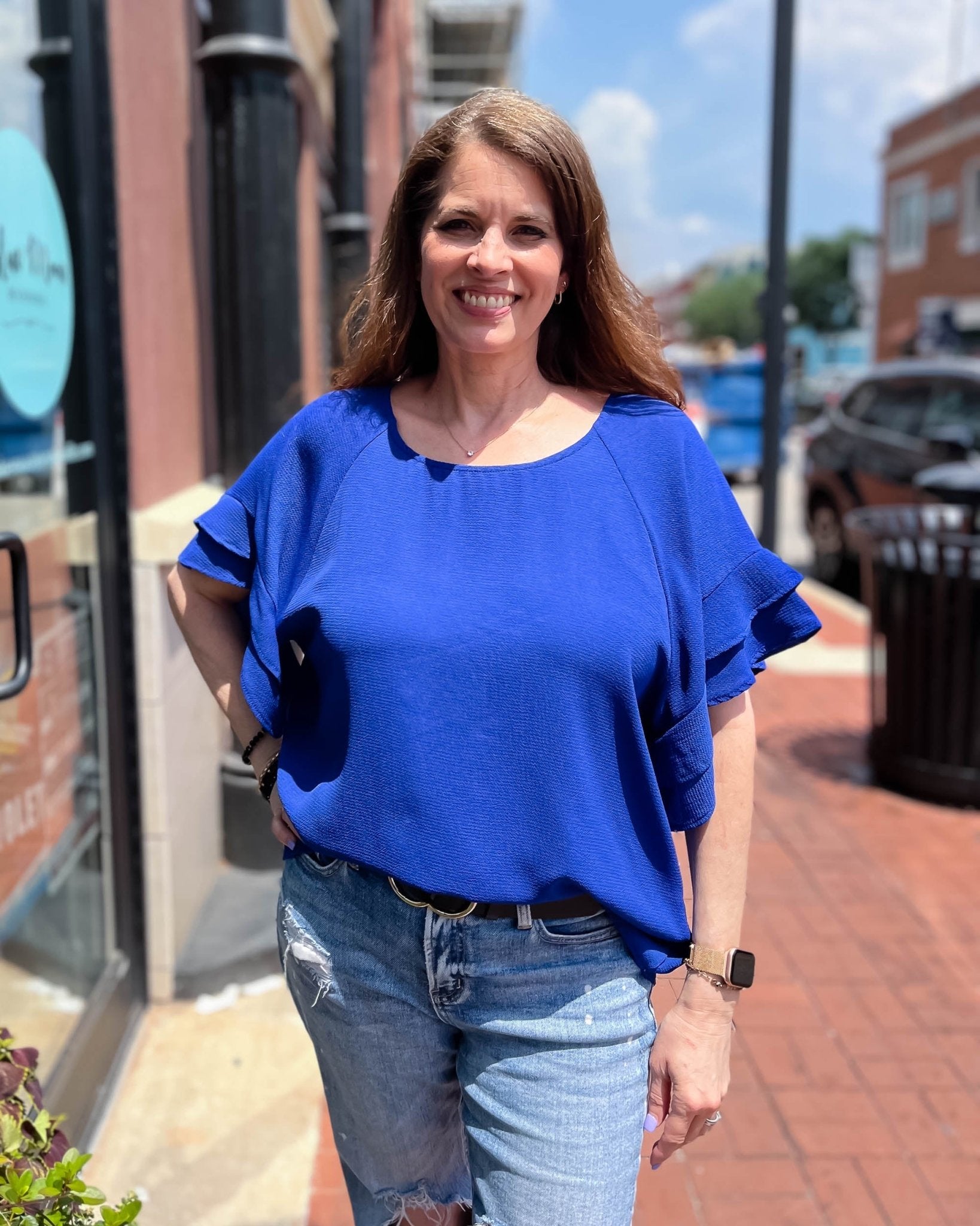 Kallie Ruffle Sleeve Top-Royal Blue - Shopbluemoonbentonville