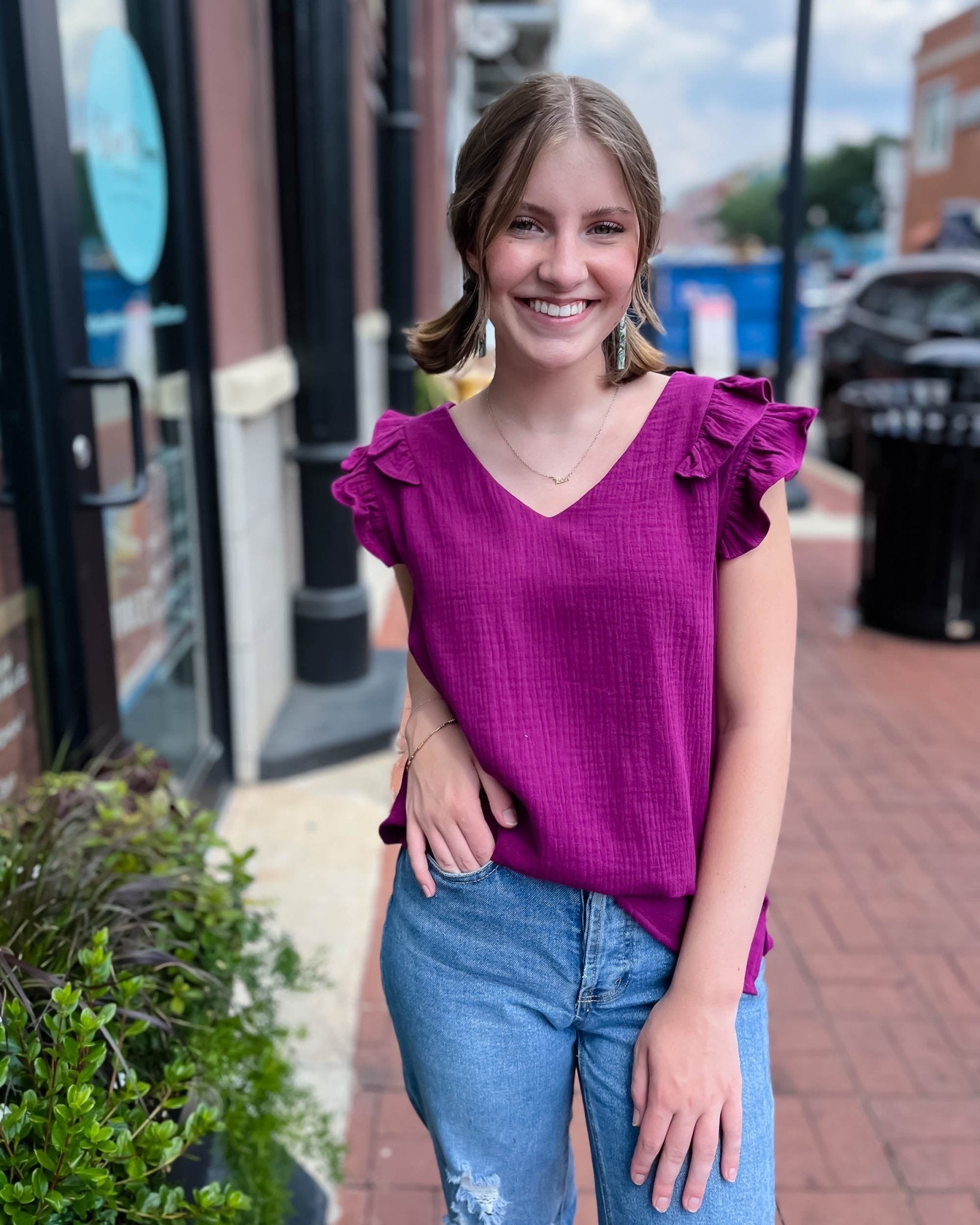Plum Gauze Top w/Ruffle Cap Sleeves - Shopbluemoonbentonville