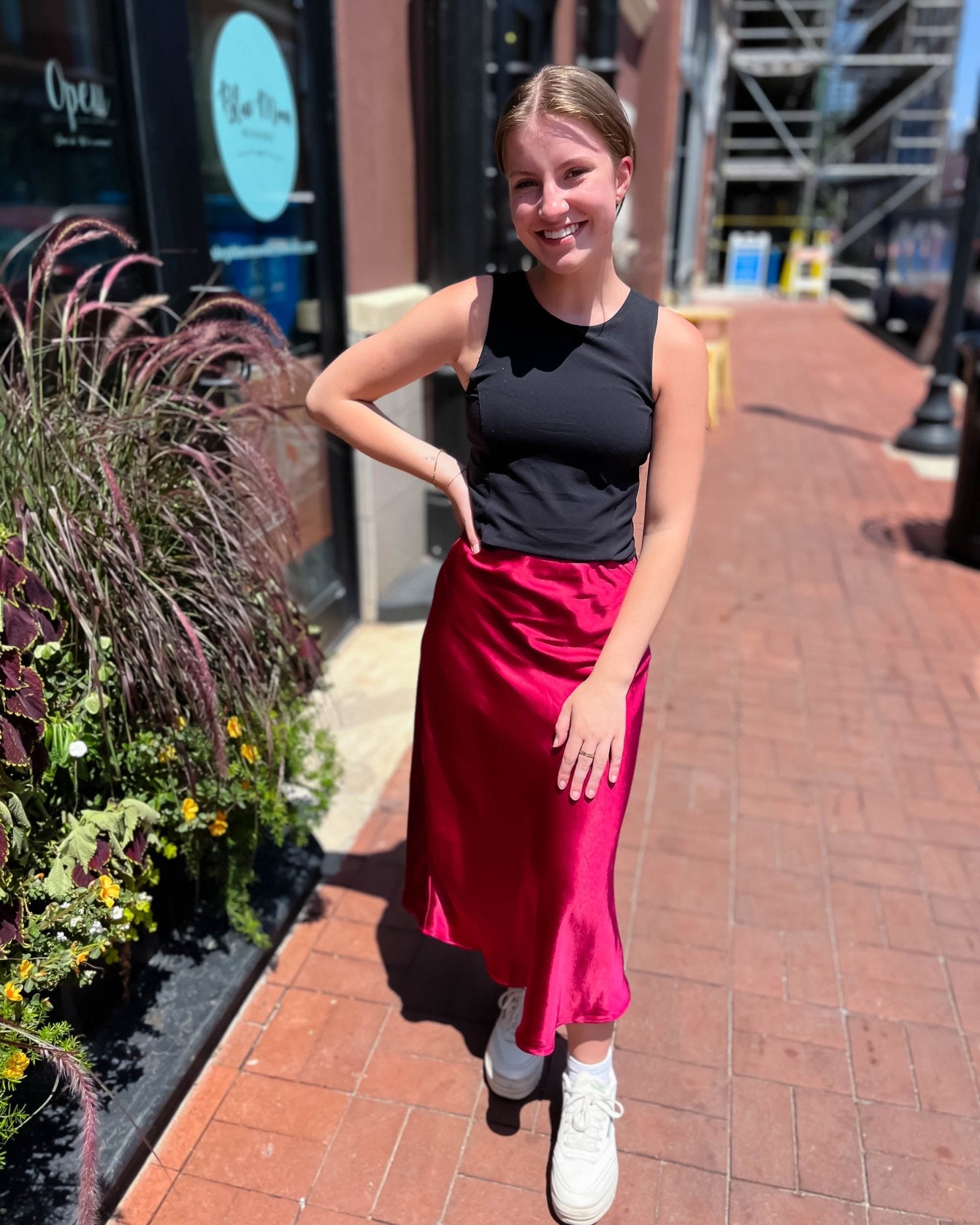 Raspberry Satin Midi Skirt - Shopbluemoonbentonville