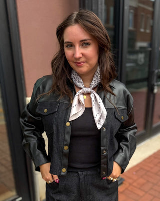 Black faux leather contrast denim jacket