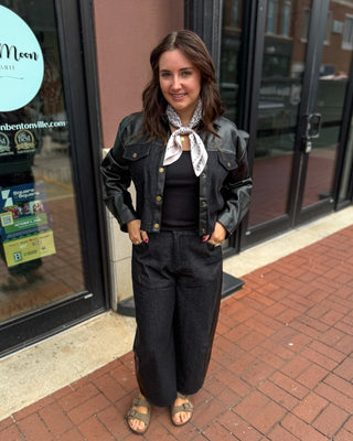 Black Faux Leather Contrast Denim Pants