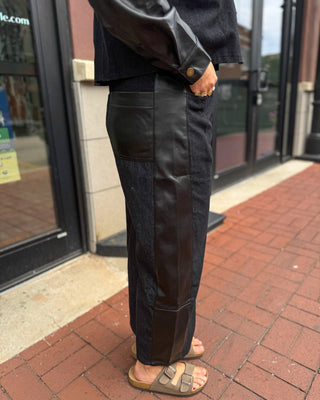 Black Faux Leather Contrast Denim Pants