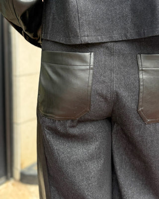 Black Faux Leather Contrast Denim Pants