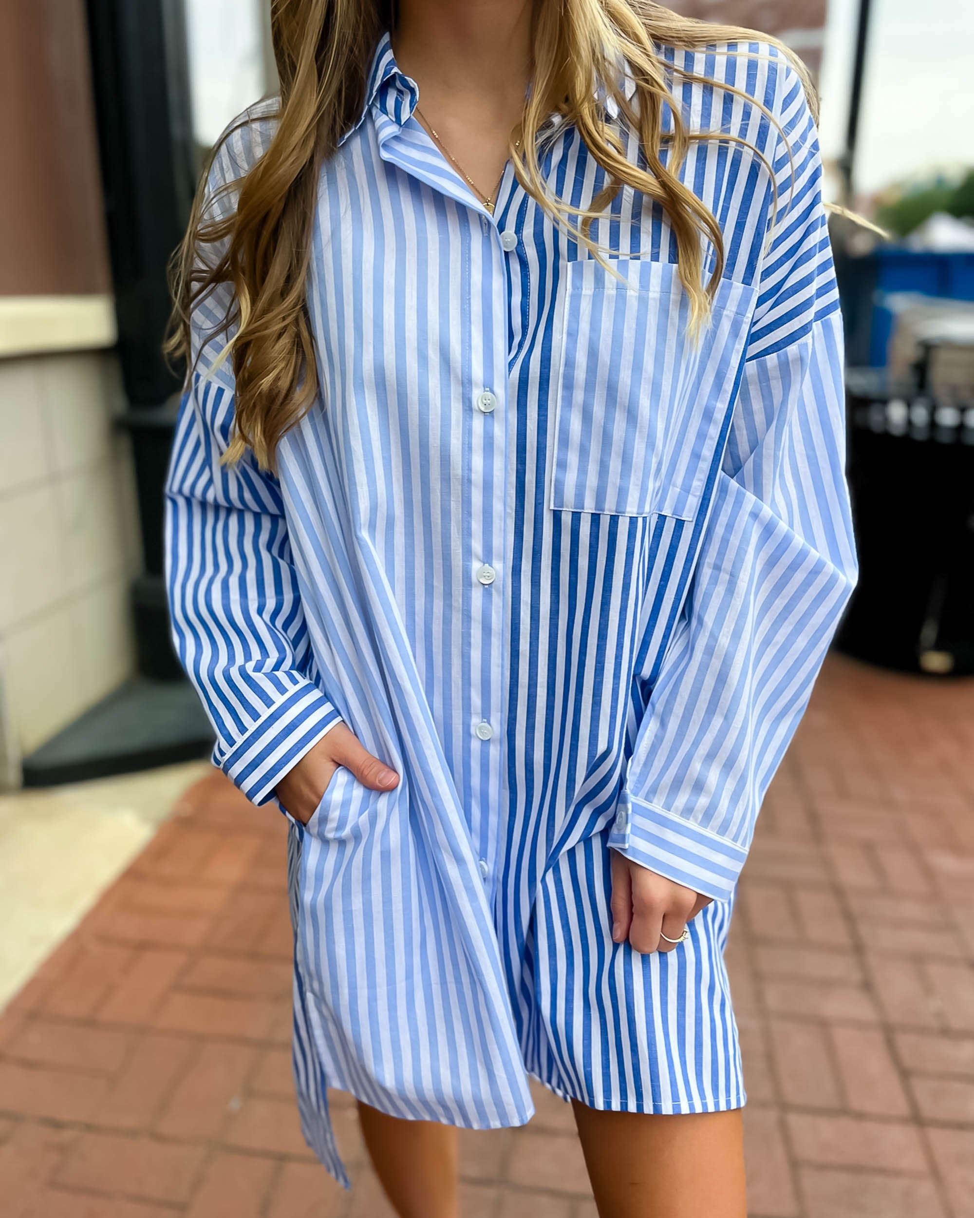 Blue/White Striped Shirt Dress