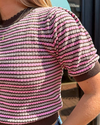 Brown/Pink Contrast Scalloped Striped Knit Top