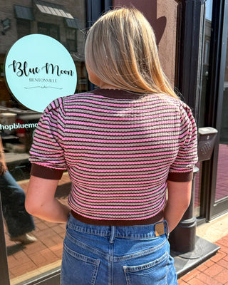 Brown/Pink Contrast Scalloped Striped Knit Top