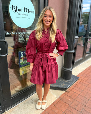 Burgundy button-front tie waist mini dress