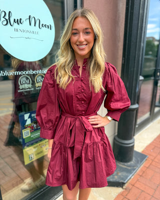 Burgundy Button-Front Tie Waist Mini Dress