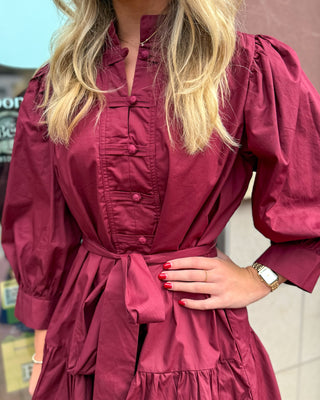 Burgundy Button-Front Tie Waist Mini Dress