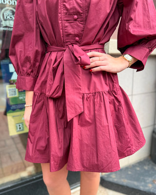 Burgundy Button-Front Tie Waist Mini Dress