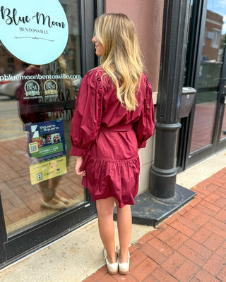 Burgundy Button-Front Tie Waist Mini Dress