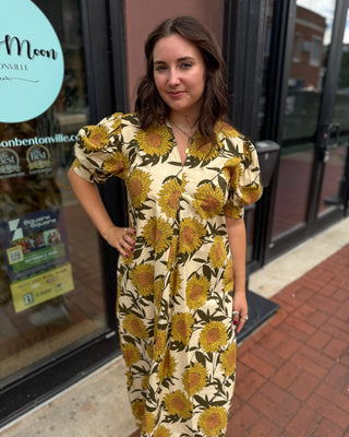 Golden Yellow Floral Midi Dress