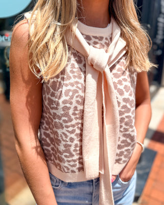 Leopard Sleeveless Knit Sweater w/Scarf Detail