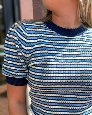Navy/Blue Contrast Scalloped Striped Knit Top