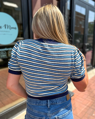 Navy/Blue Contrast Scalloped Striped Knit Top