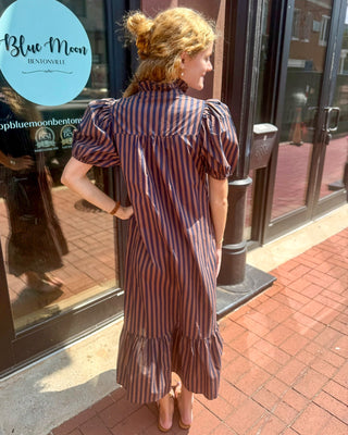 Navy/Brown Striped Midi Dress