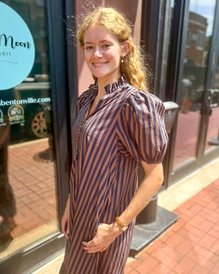 Navy/Brown Striped Midi Dress