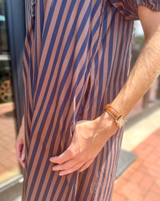 Navy/Brown Striped Midi Dress