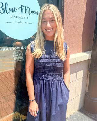 Navy Smocked Sleeveless Dress