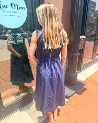 Navy Smocked Sleeveless Dress