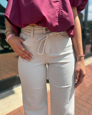 Olivia Cream/Taupe Striped Wide Leg Jeans