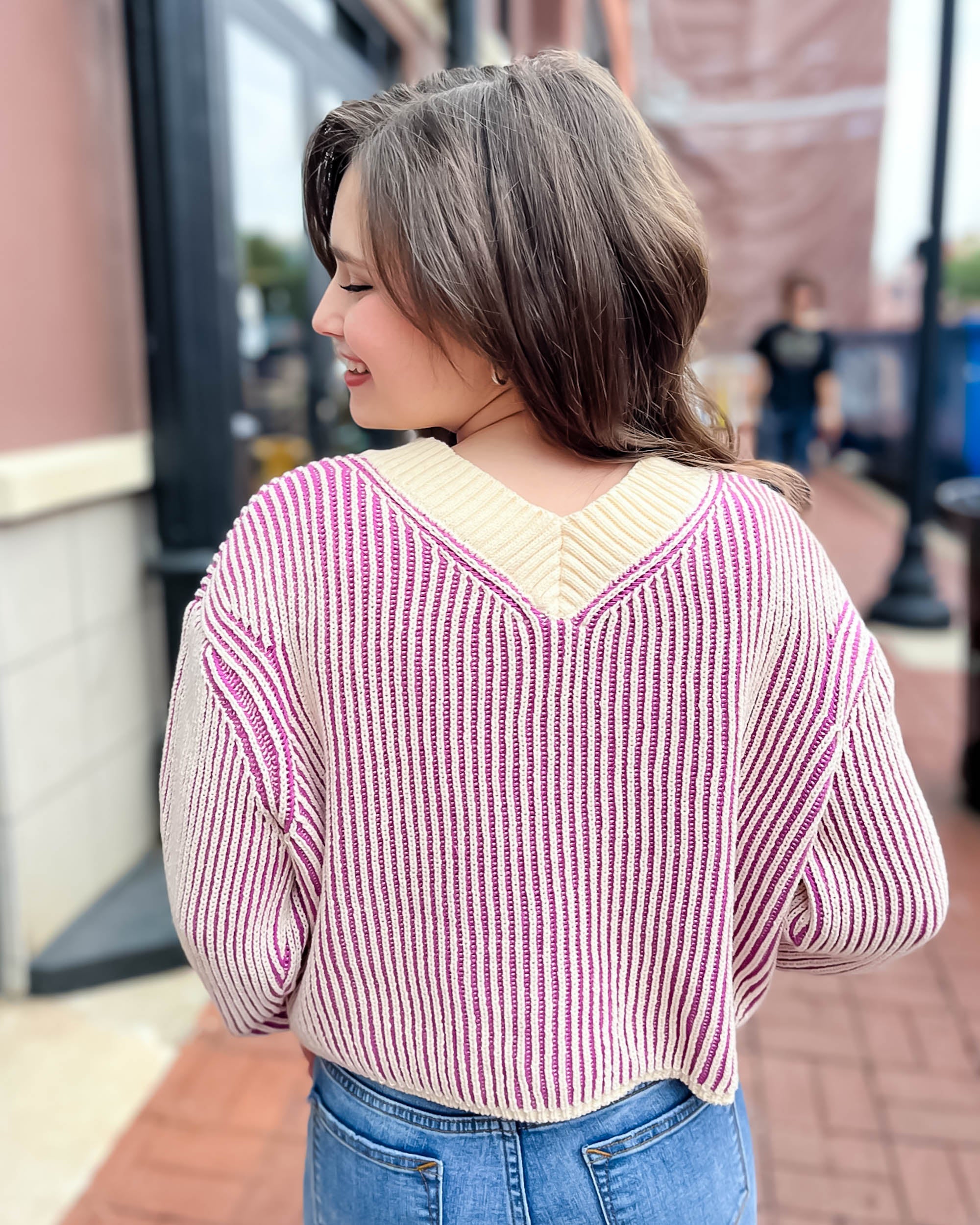 back of orchid striped cardigan