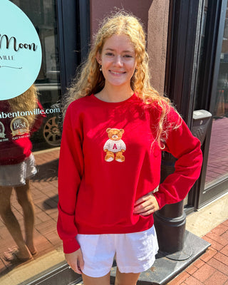 Red Arkansas Teddy sweatshirt by Charlie Southern with Arkansas graphic, shown on model front and back