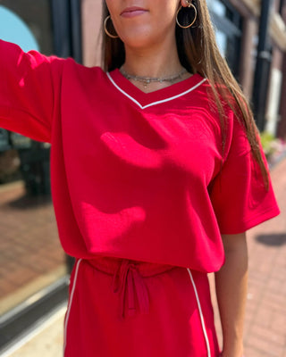 Red Modal Varsity V-Neck Top